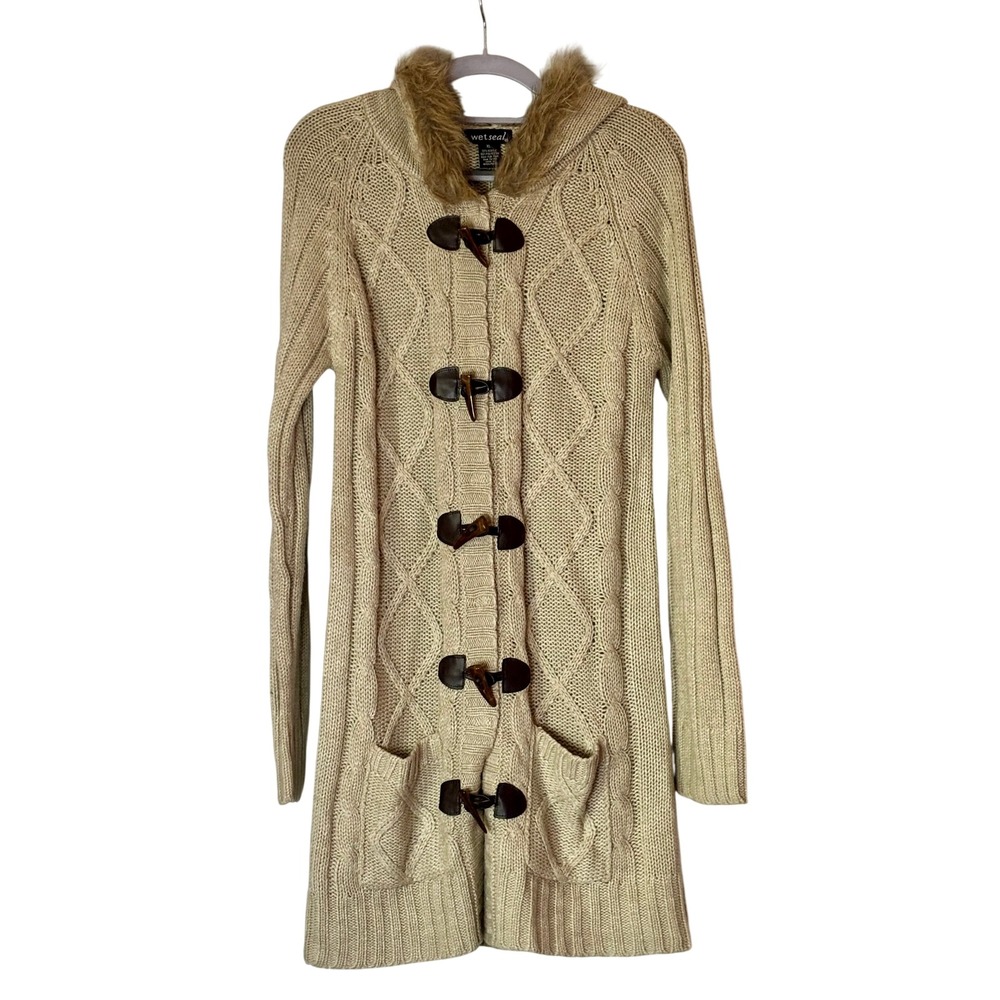 Vintage Y2K Wet Seal Chunky Cable Knit Hooded Duster Cardigan Sweater Toggle XL